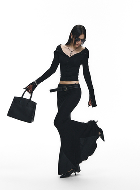 Fanptntox 修身黑色显瘦连帽针织上衣女拼接长款鱼尾裙半身裙套装