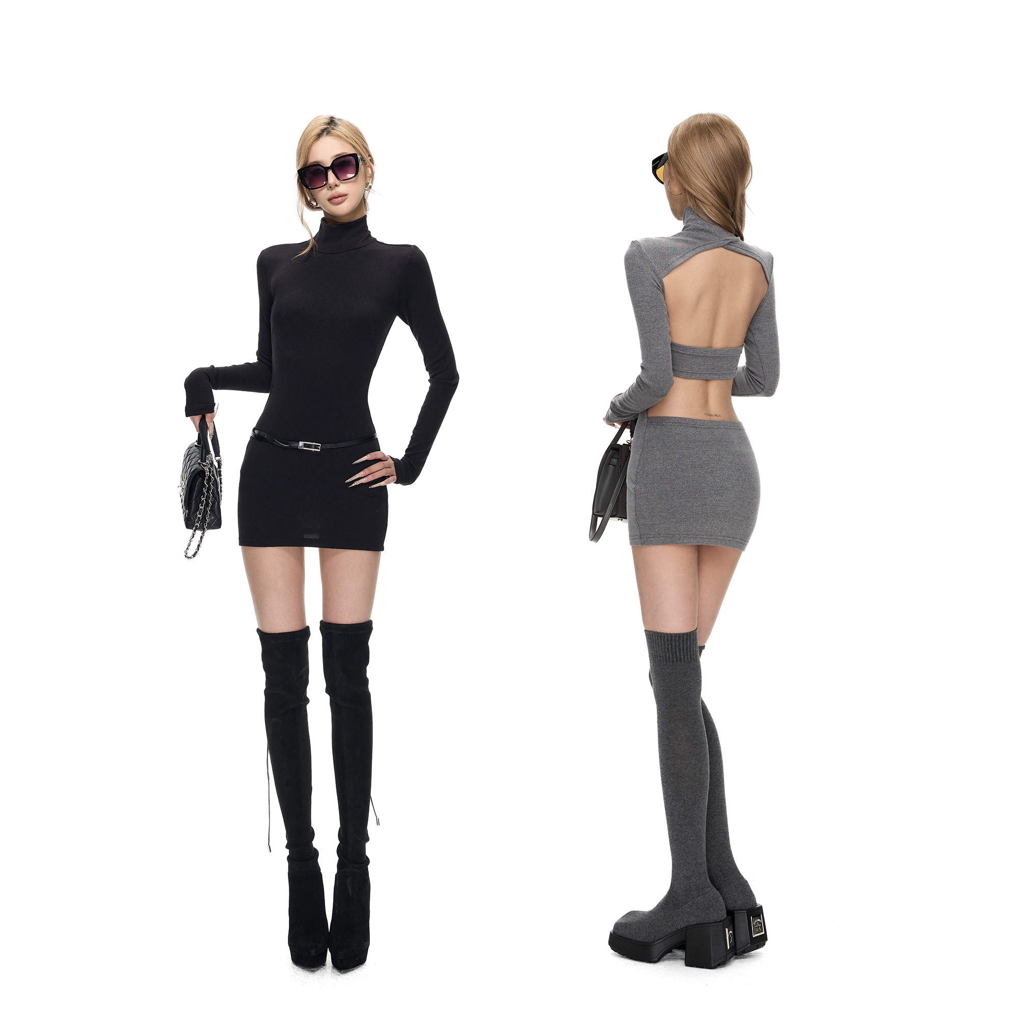 Fanptntox 高冷姐系后背镂空性感弹力收腰短裙高领长袖包臀连衣裙