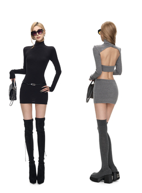 Fanptntox 高冷姐系后背镂空性感弹力收腰短裙高领长袖包臀连衣裙