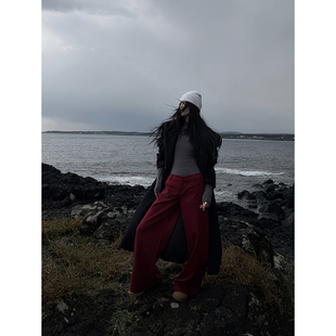 Fanptntox 高智通勤 前口袋刺绣毛呢垂感阔腿裤冬宽松百搭长裤子