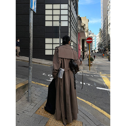 Fanptntox 经典回潮高级感气质宽松廓形深咖色经典风衣外套超长款