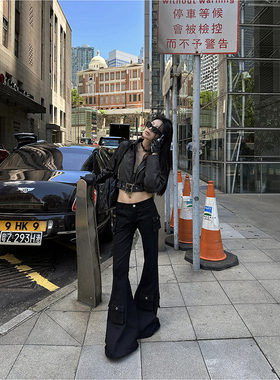 Fanptntox 休闲裤女秋季新款超百搭显瘦长裤黑色工装多口袋喇叭裤