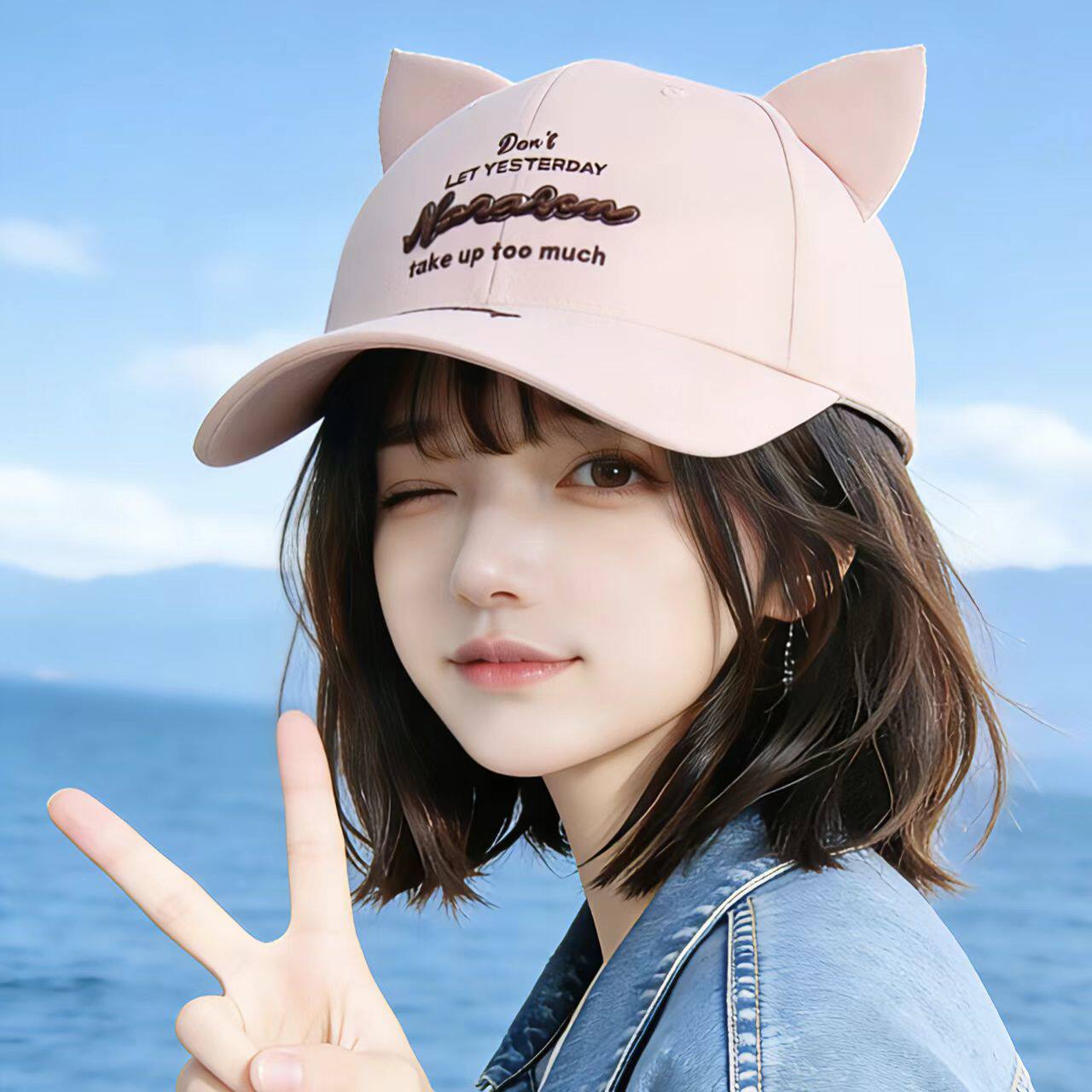 可爱粉色刺绣大檐猫耳朵棒球帽子女春夏天网红鸭舌帽遮阳帽韩版潮
