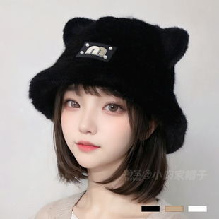 毛茸茸可爱小熊毛绒帽子女款2024新款秋冬款护耳渔夫帽盆帽保暖厚