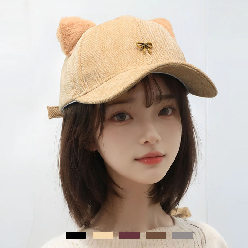 韩国新款 毛呢可爱小熊耳朵帽子女 秋冬猫耳棒球帽鸭舌帽保暖加厚