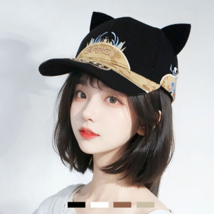 国潮字母刺绣猫耳朵棒球帽子女士百搭春夏秋休闲遮阳防晒鸭舌帽男