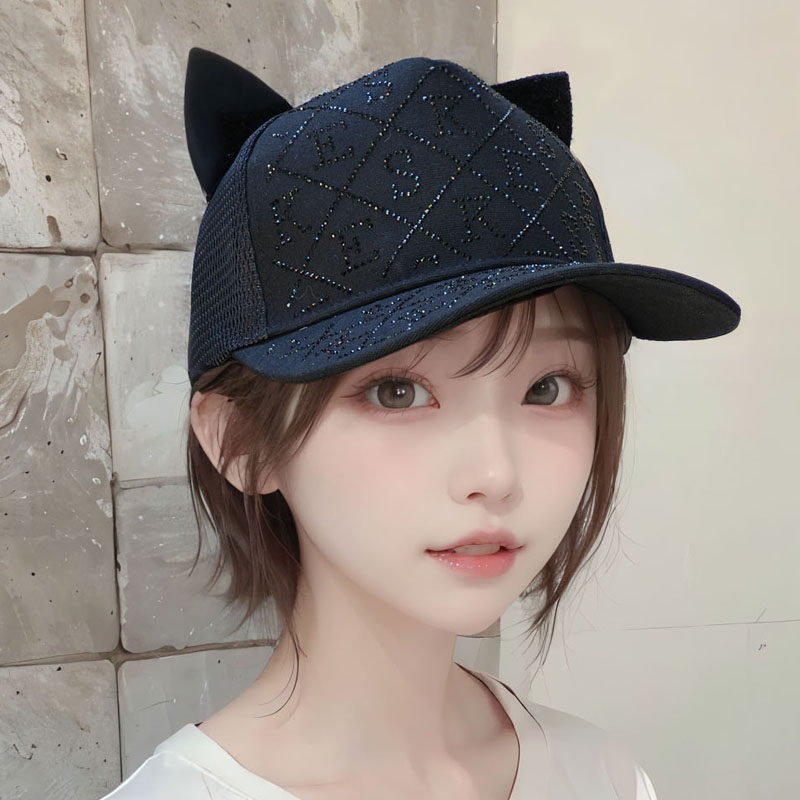 新款高颅顶水钻猫耳朵棒球帽女透气网帽猫耳帽子女春夏防晒遮阳帽
