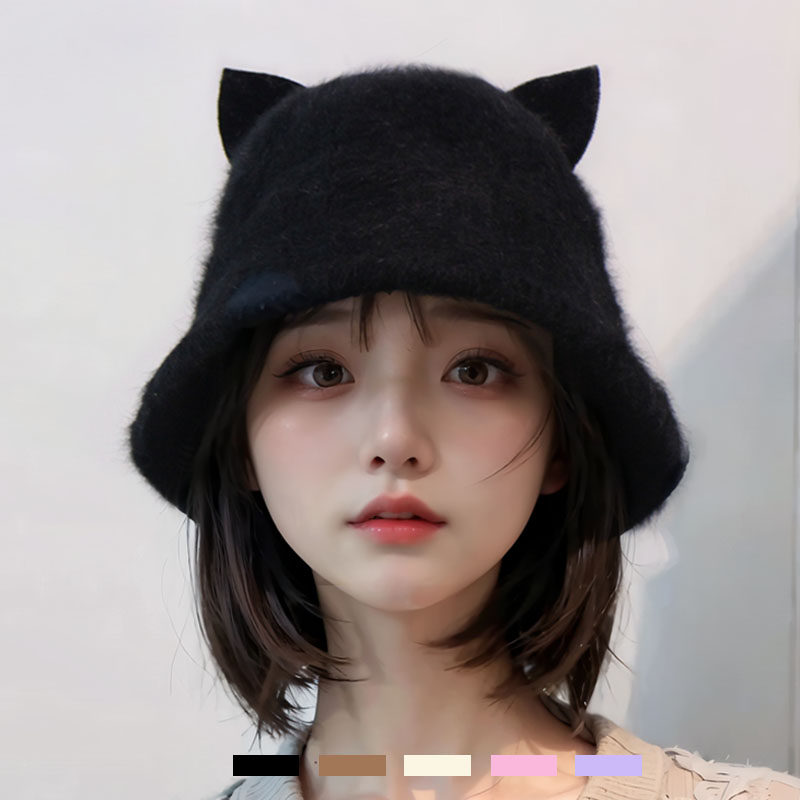 可爱软萌百搭带猫耳朵帽子女秋冬羊羔毛渔夫帽毛绒盆帽水桶帽保暖