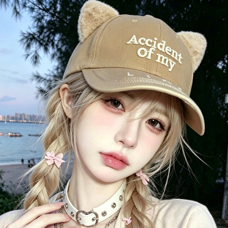 可爱卡其色少女帽子萌趣硬顶猫耳朵棒球帽女遮阳鸭舌帽显脸小防晒