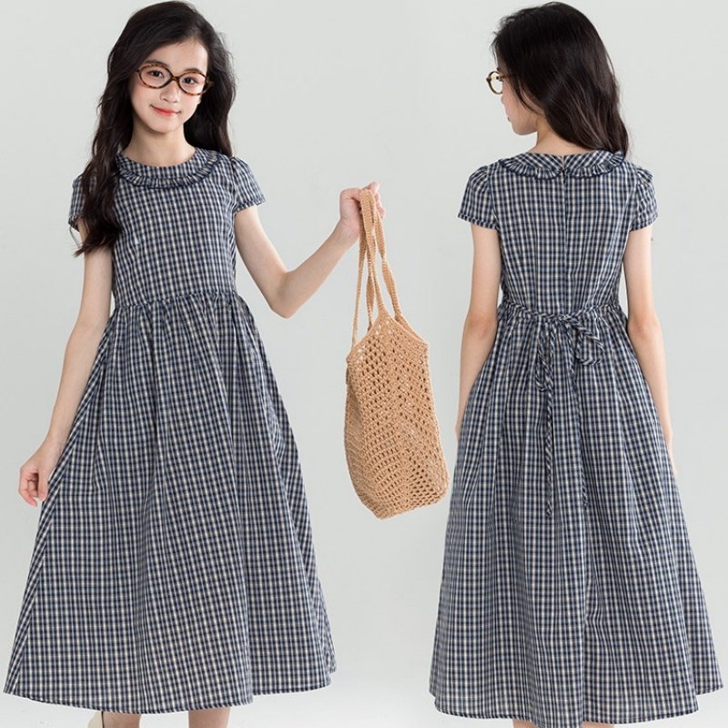 女童格子连衣裙夏季新款收腰长裙子中大童亲子装洋气学院风公主裙