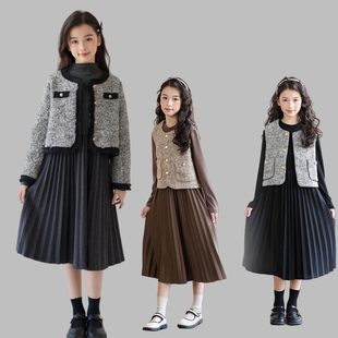 女童小香风套装秋冬装新款时髦外套亲子装中大童洋气连衣裙两件套