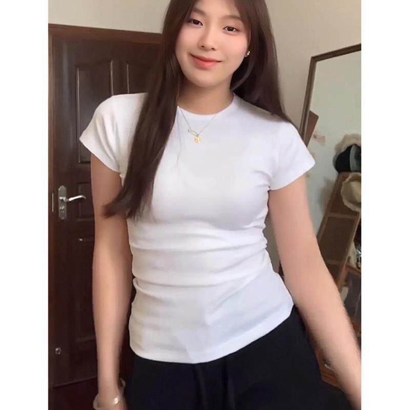 大码胖mm纯欲辣妹风白色T恤春夏修身显瘦打底衫女圆领短袖上衣潮