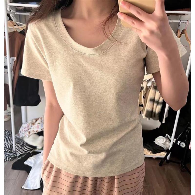 billkong studio短袖T恤女新款U领纯棉弹力显瘦正肩纯色打底上衣 - 实物图