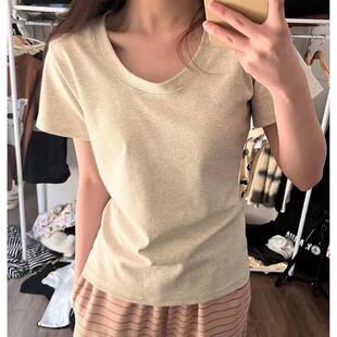 billkong studio短袖T恤女新款U领纯棉弹力显瘦正肩纯色打底上衣