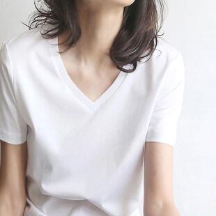 高端80支双面丝光棉纯白色短袖t恤女夏季薄净版V领体恤纯棉打底衫