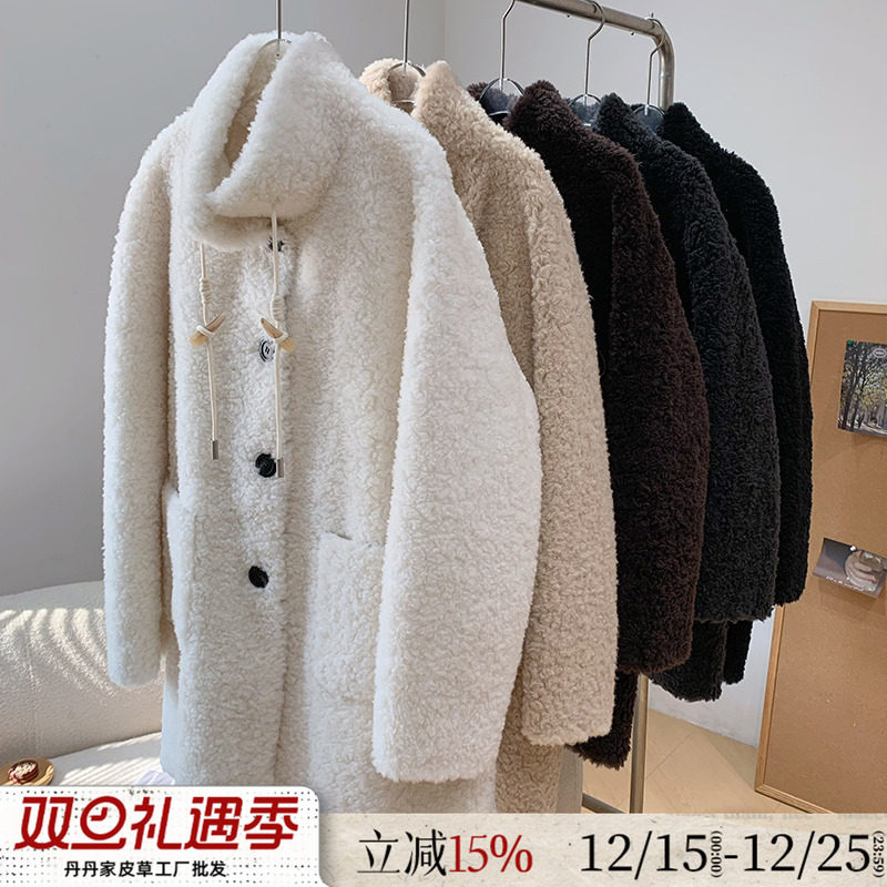 特价时尚立领抽绳牛角扣中长款软糯羊羔毛皮毛一体皮草女毛毛外套