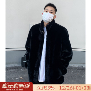 给爸爸带一件男款 保暖立领水貂环保皮草貂皮大衣毛毛外套黑色 冬季
