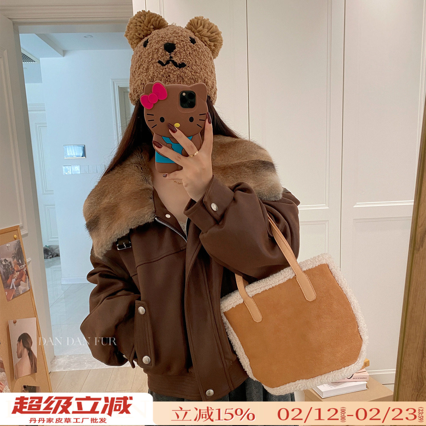 酷飒巴恩风/青根貂麂皮绒派克服90白鹅绒羽绒服夹克皮草外套女