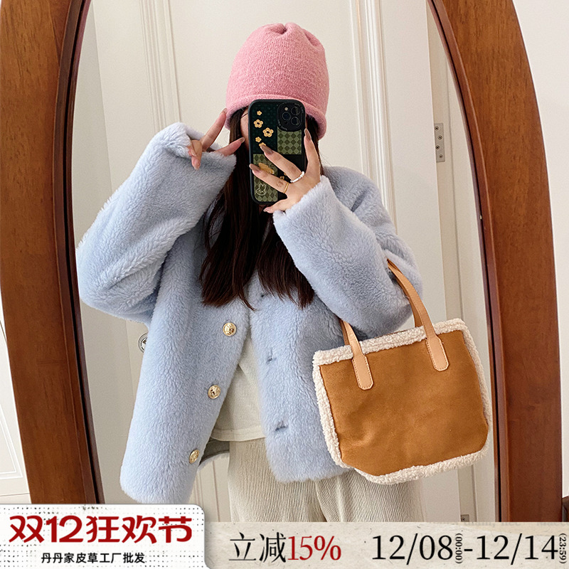 CHAO软萌好穿~金扣羊羔毛V领羊剪绒皮毛一体短款皮草女冬毛毛外套