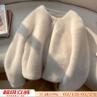 仿天鹅绒貂皮大衣皮毛一体珍珠扣短款金貂绒环保皮草女冬毛毛外套