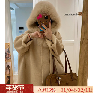 温柔风气质中长款狐狸毛编织连帽双面呢羊绒大衣皮草毛呢外套女冬