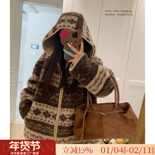 复古美式/费尔岛咖100羊羔毛皮毛一体冬季连帽宽松皮草毛毛外套女