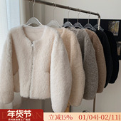 100羊羔毛皮毛一体2025新款 韩系圆领拉链款 蝙蝠袖 皮草毛毛外套女