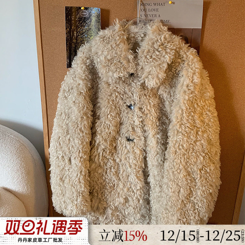 半卷羊毛皮毛一体环保皮草外套女