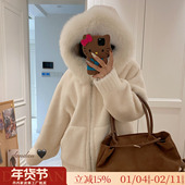 暖绒云镜 温柔风真狐狸毛领连帽100羊羔毛皮毛一体皮草女毛毛外套