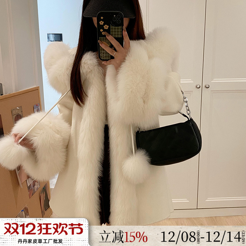 狐狸毛领羊绒大衣皮草女毛呢外套