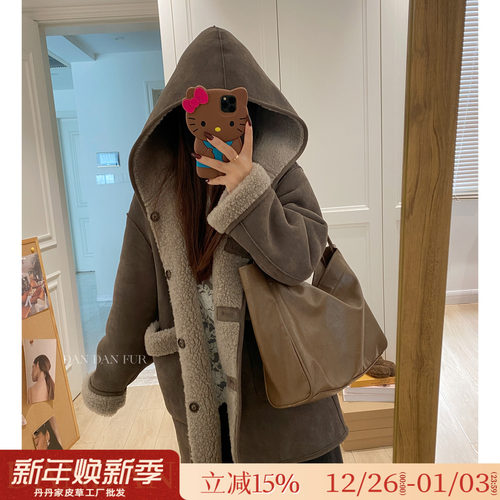 冬季保暖/麂皮绒连帽双面穿皮草