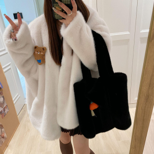 仿天鹅绒貂皮大衣宽松慵懒 V领蝙蝠袖水貂绒环保皮草女冬毛毛外套