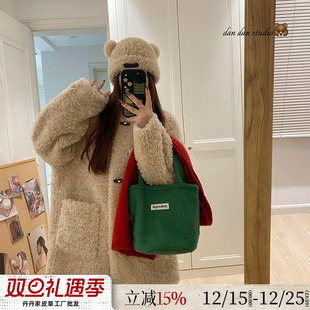 韩系牛角 皮草女冬毛毛外套 100羊羔毛皮毛一体宽松慵懒立领中长款