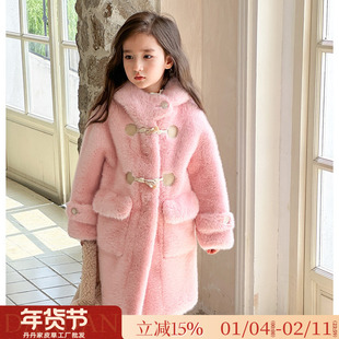 儿童皮草冬季外套女童连帽牛角扣仿水貂毛皮毛一体宝宝毛毛大衣厚