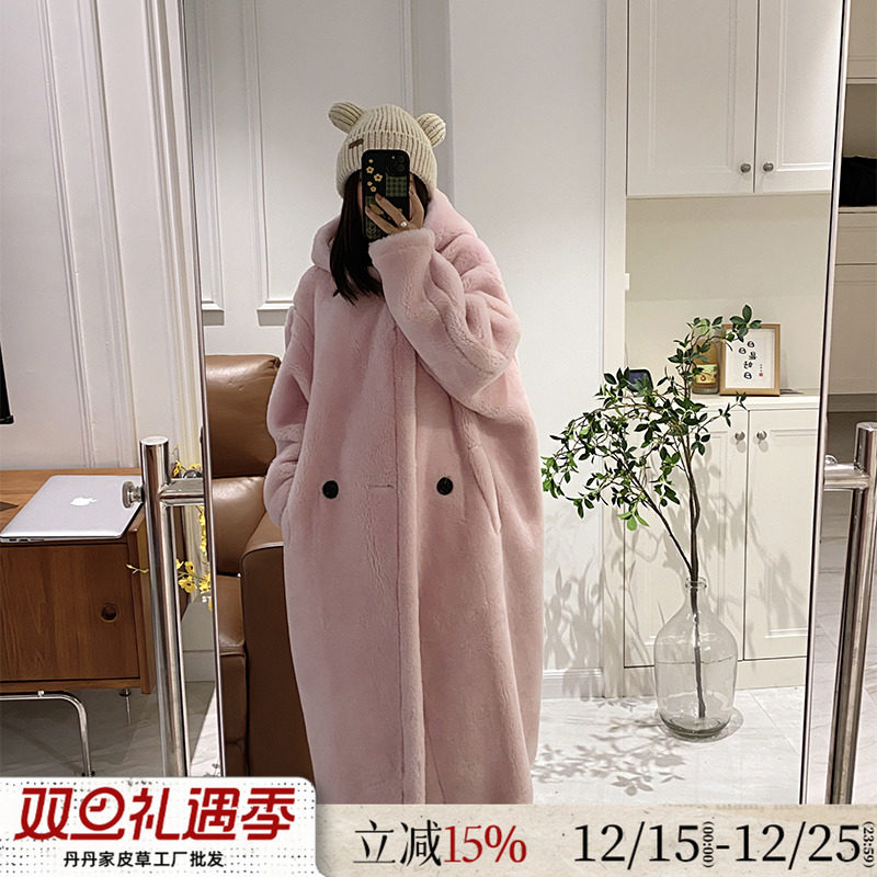 泰迪大衣羊羔毛连帽长款皮草外套