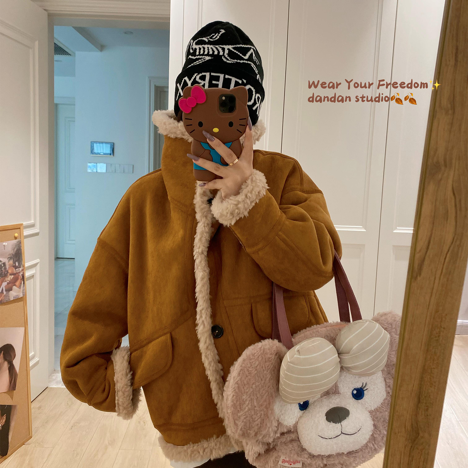 两面穿大翻领麂皮绒皮毛一体皮草