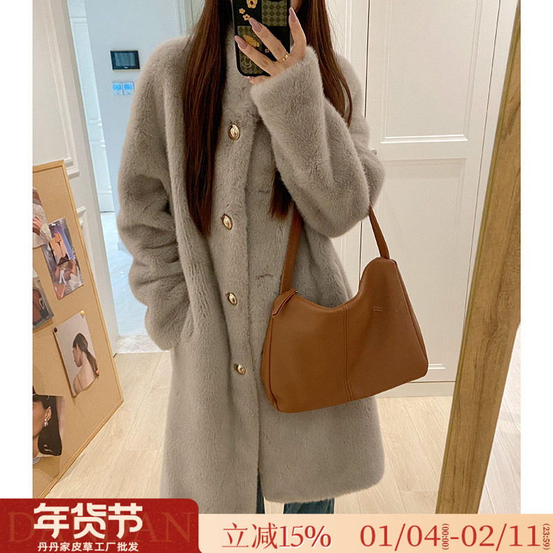 水貂绒环保皮草貂皮大衣皮毛一体金扣长款立领韩版冬季毛毛外套女