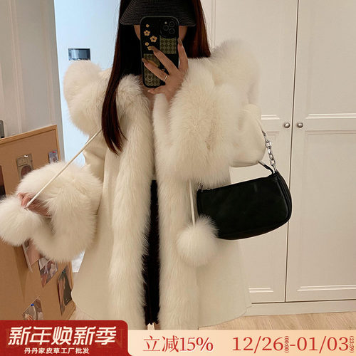 狐狸毛领羊绒大衣皮草女毛呢外套