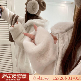 天鹅水貂绒环保皮草貂皮大衣皮毛一体韩版 毛毛外套女冬 连帽中长款