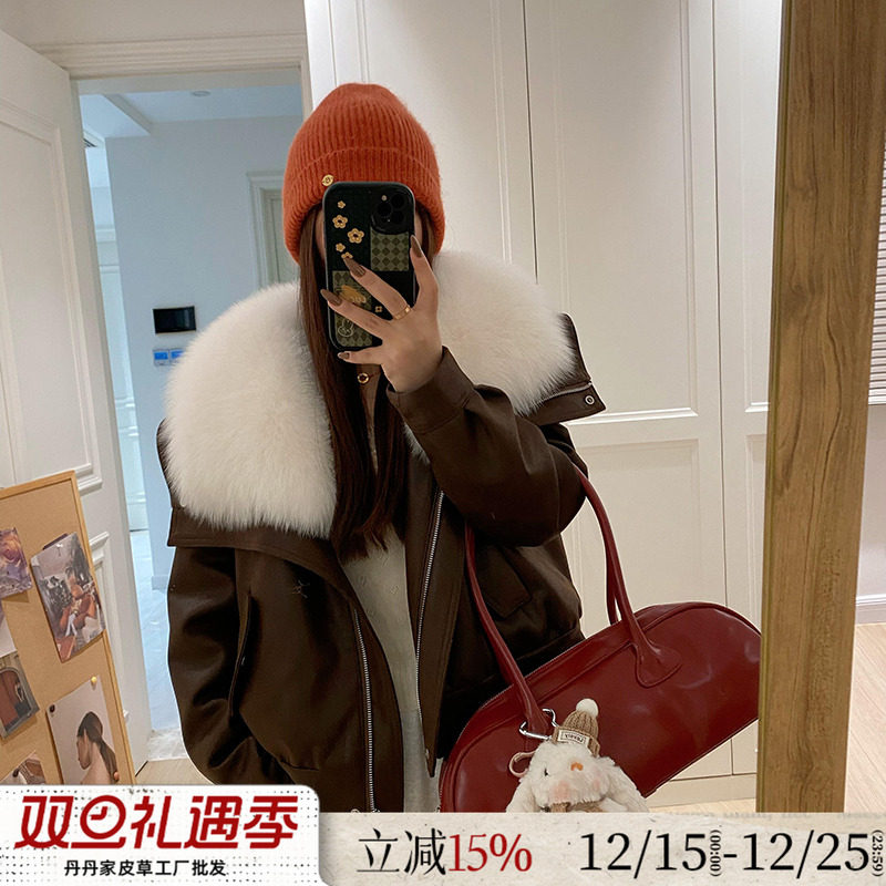 整皮狐狸毛海宁皮草外套女2025冬季新款鹅绒内胆麂皮绒夹克年轻款