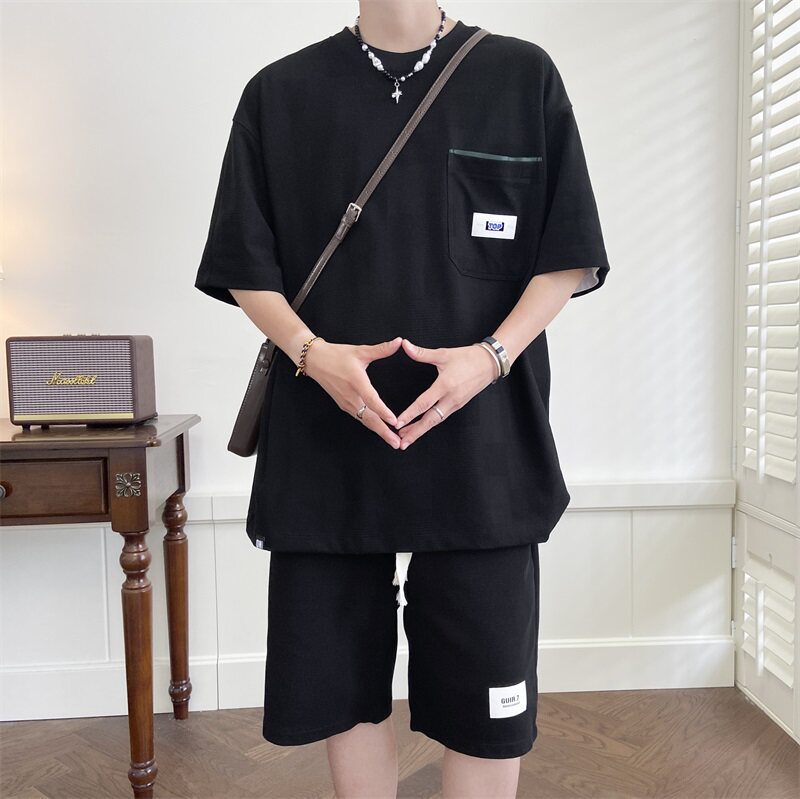 【高品质】港风夏季针织圆领短袖T恤套装五分袖两件套TZ5110-P95,男装休闲套装,星座1206（原A206）