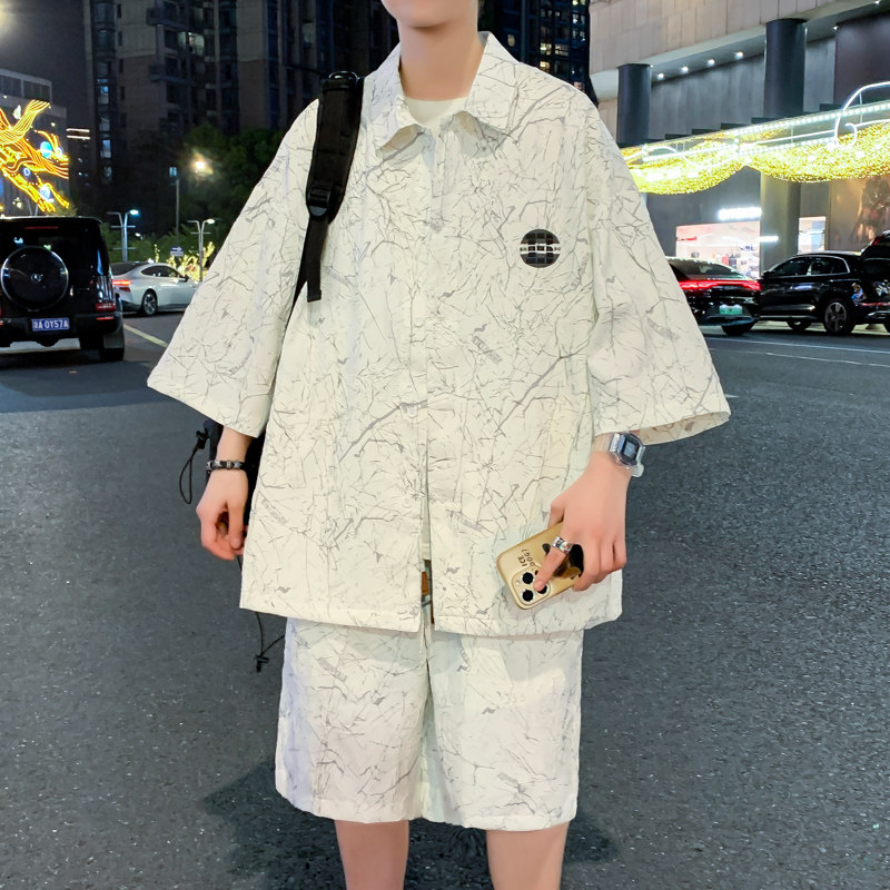 2025新款青少年短裤短袖衬衫套装工艺面料男士HY1822-P98图片