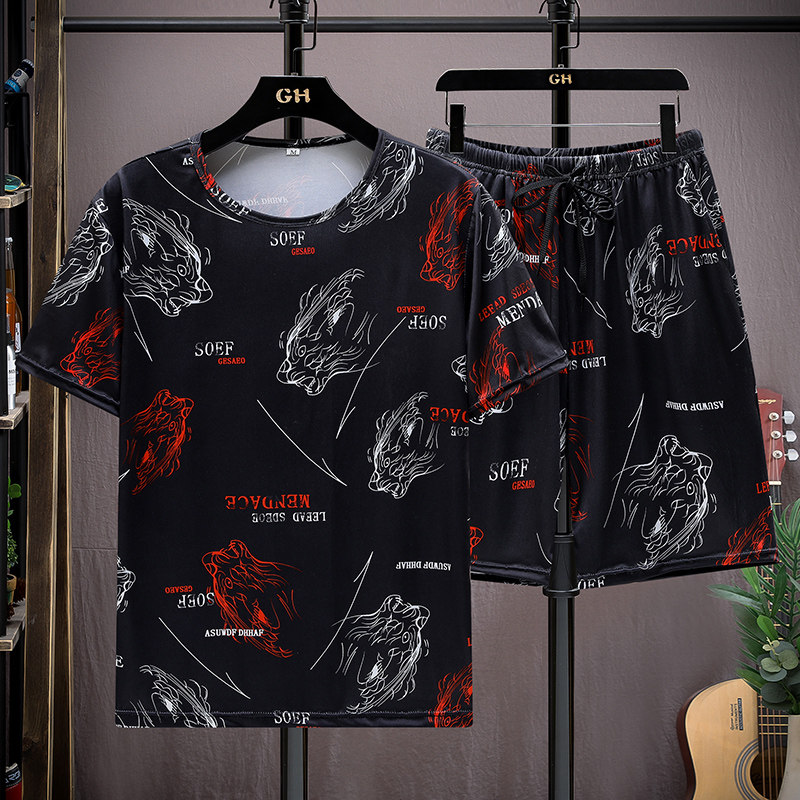 夏季运动服速干短裤短袖套装休闲两件套时尚潮流花套装TZ501-P25,男装休闲套装,星座1206（原A206）