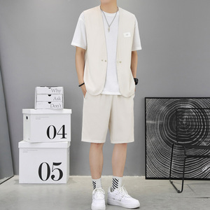 2022抖音得物纯色西装马甲男潮流套装宽松百搭短裤两件一套,冬季女生牛仔裤搭配图片图片