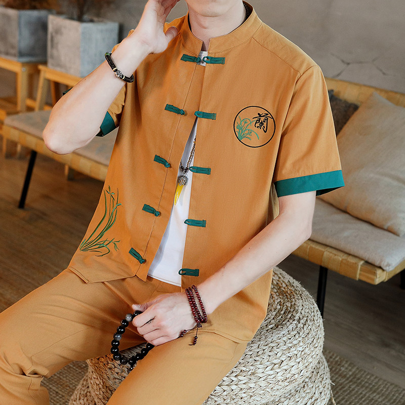 新中式夏季服短袖唐装套装男刺绣立领汉服男九分裤YK122澜-P65,男装休闲套装,星座1206（原A206）