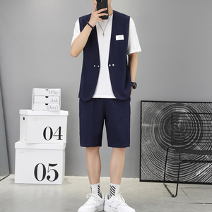 2022抖音得物纯色西装马甲男潮流套装宽松百搭短裤两件一套图片