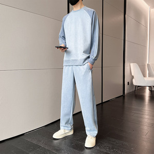 麂皮绒套装男秋季新款韩版潮流拼色休闲运动长袖外套两件套P70图片