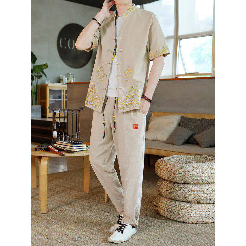 风男装夏季短袖开衫套装男汉服套装一套HJQ717-P65，男装休闲套装，星座1206（原A206）