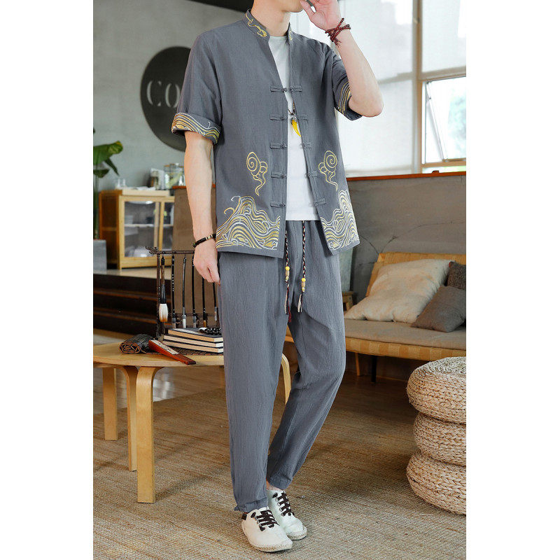 风男装夏季短袖开衫套装男汉服套装一套HJQ717-P65,男装休闲套装,星座1206（原A206）