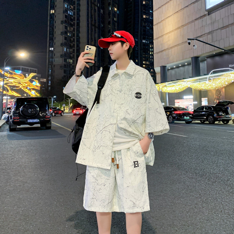 2025新款青少年短裤短袖衬衫套装工艺面料男士HY1822-P98,男装牛仔裤,星座1206（原A206）